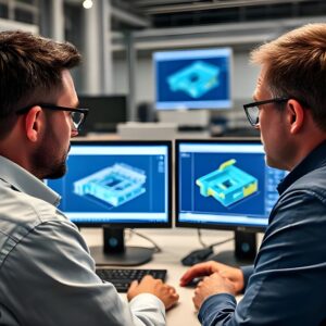 Des ingénieurs confus face à plusieurs versions d’un modèle CAO, révélant les limites du contrôle de version sur les lecteurs partagés sans système de gestion des données d’ingénierie.