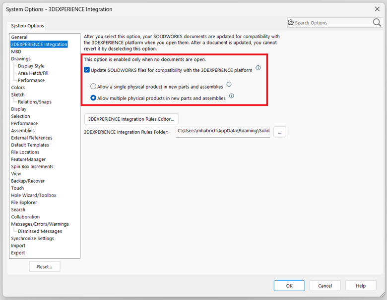 Systems Options - 3DEXPERIENCE Integration menu screenshot