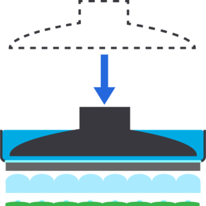 A diagram illustrating the initial stage of a 3D printing process, showing a printhead depositing the first layer of material onto a build platform.