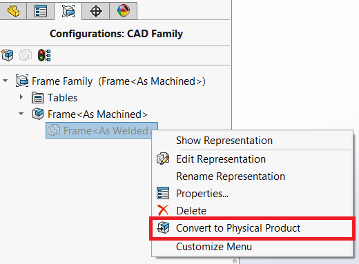 Convert to Physical Property CAD Family Configurations menu screenshot