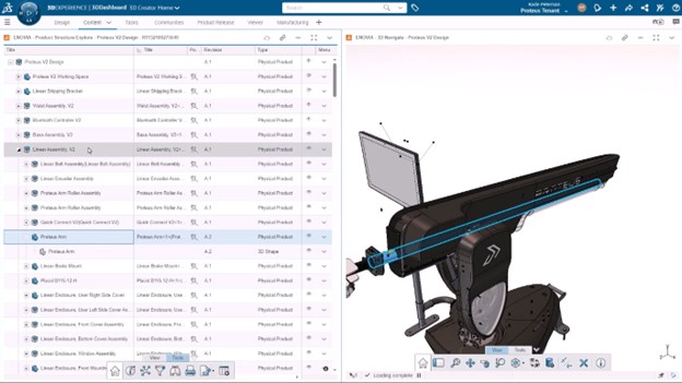 A SOLIDWORKS interface displaying a 3D model of the Proteus training machine.