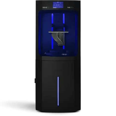 The Nexa3D NXE 400Pro 3D printer, a large-format professional-grade 3D printer with a sleek black design and illuminated interior.