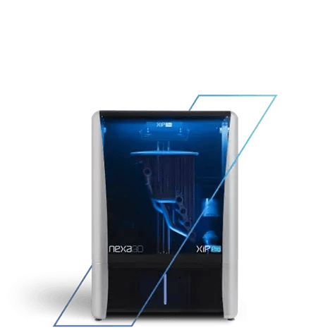The Nexa3D XiP Pro 3D printer, highlighting its advanced design features and transparent, blue-lit enclosure for precise, professional-grade 3D printing.